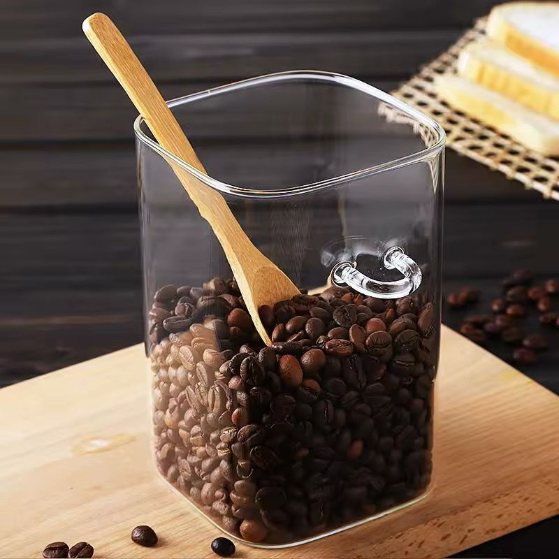 برطمان زجاجي مربع - مع غطاء خشب البامبو وملعقة خشبية