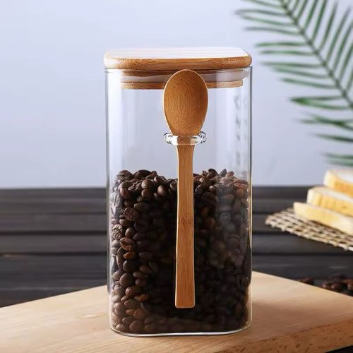 برطمان زجاجي مربع - مع غطاء خشب البامبو وملعقة خشبية